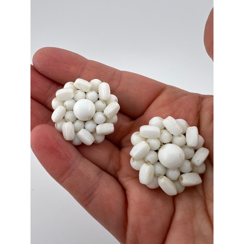 Vintage W Germany White Beaded Cluster Clip On Earrings